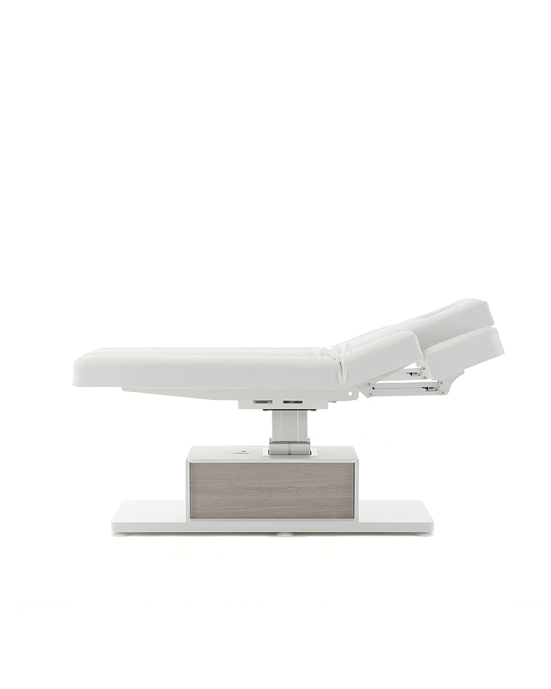 The Ben - White massage treatment table with gray oak pattern details - with motor - with adjustable armrests